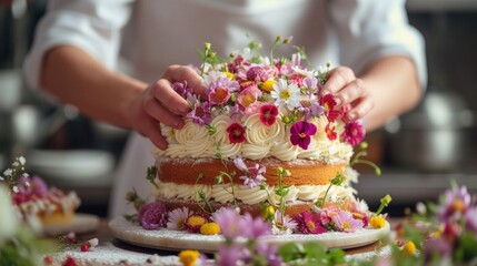 Obraz na płótnie Canvas A pastry chef arranging edible flowers on a stunning wedding cake