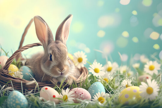 Osterzauber: Bunter Hintergrund mit Ostereiern und fr&ouml;hlichem Osterhasen