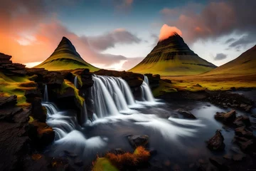 Papier Peint photo autocollant Kirkjufell The captivating beauty of Kirkjufell volcano during a clear evening, the tranquil surroundings of the Snaefellsnes peninsula enhancing the picturesque and serene atmosphere