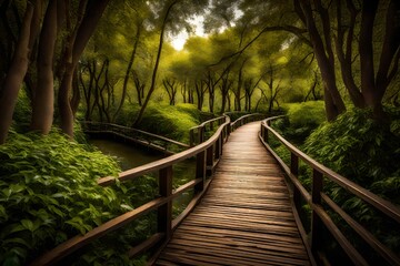A boardwalk in a green oasis of a park, where the gentle rustling of leaves and the chirping of birds accompany your stroll. - obrazy, fototapety, plakaty