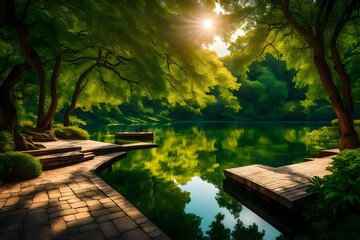 Nature's beauty on full display, with a serene lake, vibrant green trees, and a sun-kissed stone path in a park, all captured in high-definition clarity.