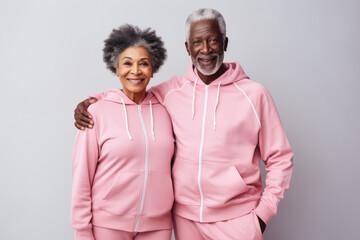 Obraz premium Portrait of Elderly afro-american smiling couple posing over grey background. Mature adults wear activewear sportswear. Sport clothes for retired people man and woman. Coy space for text and design.