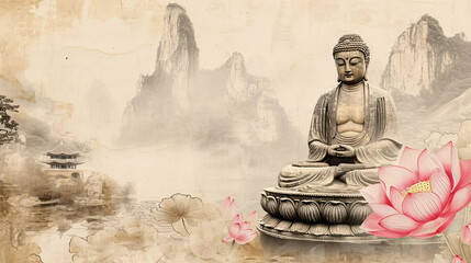 buddha on mountain in ink painting shanshui. peaceful