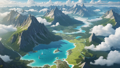 Fantasy world map, aerial view, mountains and clouds - Powered by Adobe