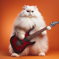 White fluffy cat playing rock guitar, on vibrant orange background.

