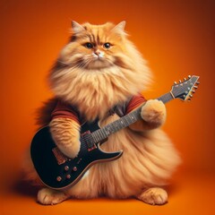 Ginger fluffy cat playing electric guitar, vibrant orange background.
