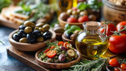 A Mediterranean-inspired spread featuring olive oil - obrazy, fototapety, plakaty