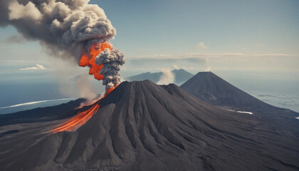 Aerial view of volcanic eruption with smoke and lava eruption - Powered by Adobe