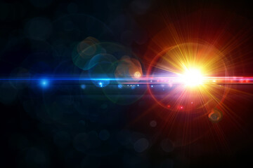 Abstract background. Sun burst, digital flare, iridescent glare, lens flare effects over black background for overlay designs