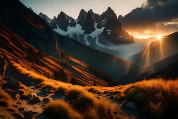 An enchanting morning scene of a high mountain, with the rising sun illuminating its peaks and valleys, creating a stunning natural landscape. - obrazy, fototapety, plakaty