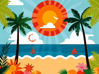 Fototapeta na wymiar Summer tropical vacation vector illustration with seaside landscape, summer sunset, retro and modern style with space. 
