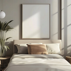 Large empty canvas mockup in a neutral colored bedroom.   