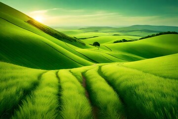 A captivating springtime landscape, undulating green hills, a quaint country road forging a path through the vibrant grass, under a soft, pastel sky.