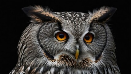 Great Grey Owl or Lapland Owl, Strix nebulosa isolated of black background.  generative, ai.