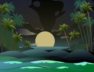 Landscape seashore. Big bright moon in dark night sky. Sand beach near water. Coastal waves. Cartoon fun style. Flat design. Vector