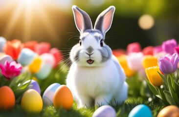Easter bunny and Easter eggs on blurred natural background.