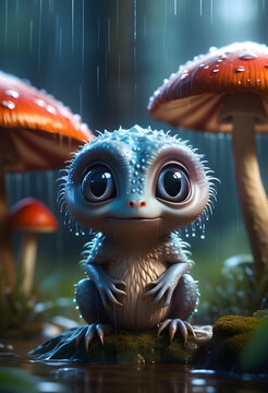 cute little alien in the rain. generative ai