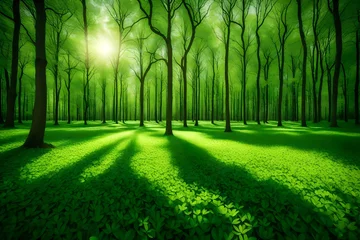 Fotobehang A gentle spring landscape, a field of tender green grass stretching towards a forest, the canopy just beginning to fill with the lush green of new leaves © AiArtist