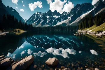 Papier Peint photo autocollant Tatras The grandeur of a mountain lake in High Tatra, its waters reflecting the dramatic peaks and skies, creating a scene of raw, natural drama and beauty