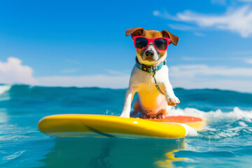 dog surfing on a yellow surfboard wearing sunglasses , at the ocean shore. Dog on board. Small dog standing on paddleboard floating on water surface. Dog the surfer.
