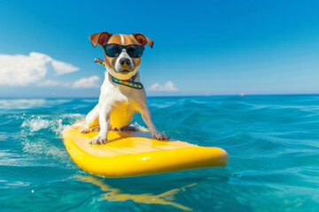 dog surfing on a yellow surfboard wearing sunglasses , at the ocean shore. Dog on board. Small dog standing on paddleboard floating on water surface. Dog the surfer.