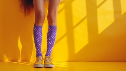Legs of young woman in purple dotted socks on yellow background