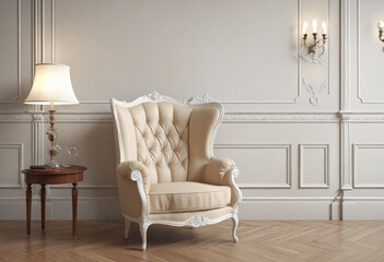 Traditional furniture in a timeless setting. Vintage armchair. 3D visualization.