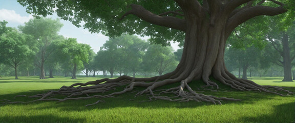 Roots of trees are deeply embedded in the lush green grass.