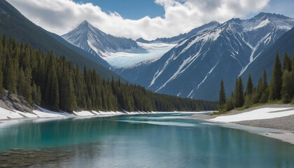 Snow-covered river flanked by pine trees and mountains