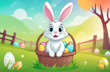 Drawing Easter bunny sitting in basket with colorful eggs.  