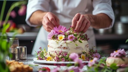 Obraz na płótnie Canvas A pastry chef arranging edible flowers on a stunning wedding cake