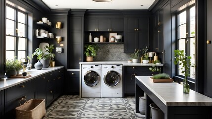 Black and white laundry room design with texture