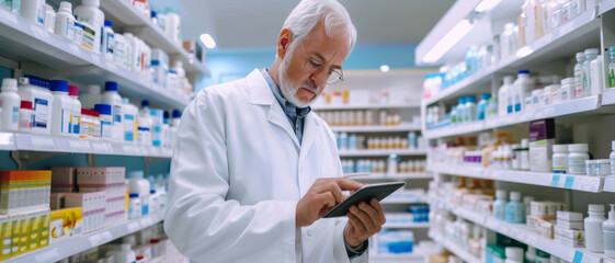 Senior pharmacist using a tablet to manage medication in a well-stocked pharmacy