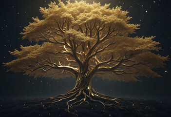 Golden tree illustration on dark background. Mystical forest. Generative AI