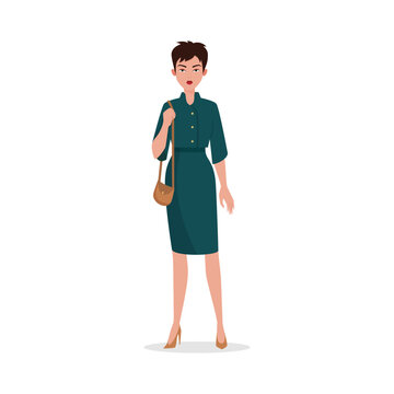 Stylish brunette with short hair, female character in dress standing vector illustration