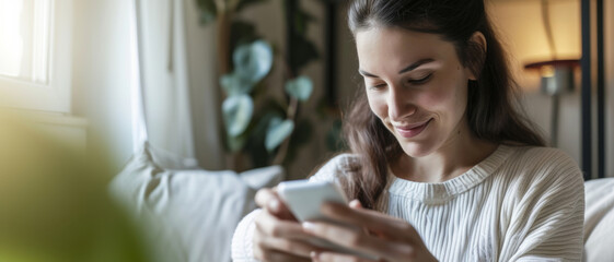A focused young woman checking her menstrual cycle app on a smartphone, comfortably seated at home - obrazy, fototapety, plakaty