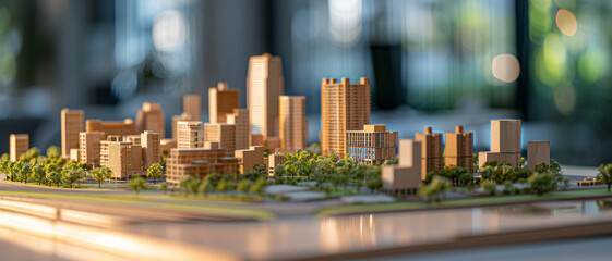 Detailed architectural model of a modern cityscape, illuminated by the warm light of a setting sun