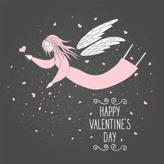 Valentines card with Fairy love flies through the sky. Decor elements, print for card, poster, t-shirt, other clothes and more. - 724203559