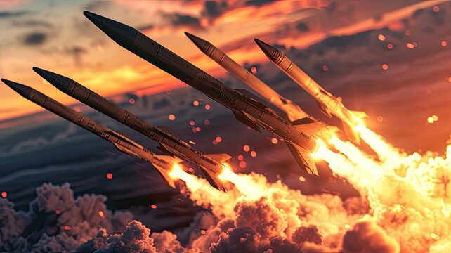 the launch of military missiles, also known as rocket artillery, at the firing field, showcasing the precision and firepower of modern warfare training.