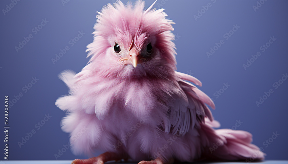 Poster cute fluffy baby chicken with pink beak and feather generated by ai