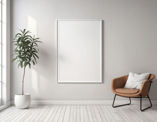 Vertical Empty Frame Mock-Up Template On Floor, Vertical Blank FrameTemplate In A Bright Interior, Aesthetic Blank Frame Mockup. Generative AI