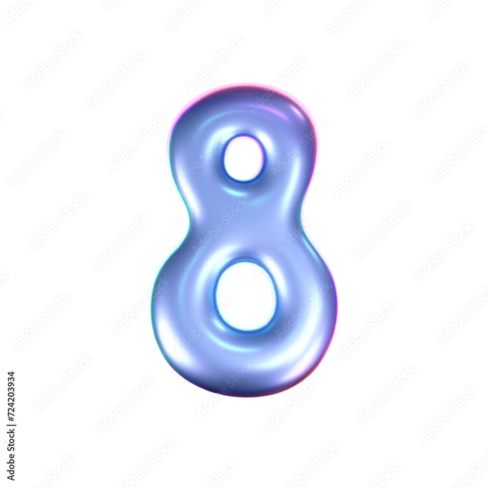 Wall mural 3d holographic liquid number 8 in y2k style isolated on a white background. render of 3d neon inflat