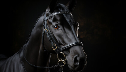 Beautiful black stallion in nature, ready for equestrian competition generated by AI - obrazy, fototapety, plakaty