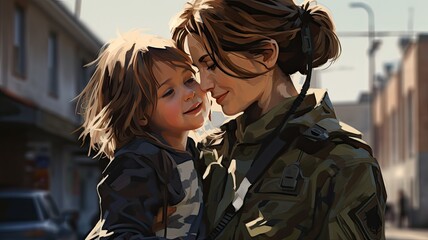 a mother in army uniform and her daughter on the street, showcasing the strength, love, and sacrifice within military families, highlighting the dual roles of protector and parent. - obrazy, fototapety, plakaty