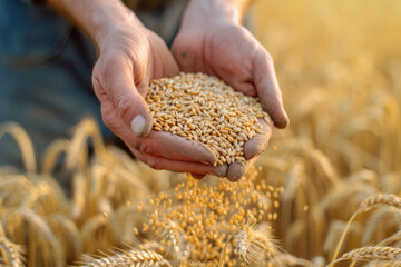 Hard-working hands of male farmer pouring grain. Abundance in the Fields. Nature's Bounty. The hands of a farmer close - up holding a handful of wheat grains in a wheat field - obrazy, fototapety, plakaty