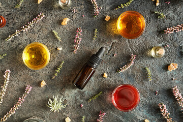 Dark background with bottles of aromatherapy essential oil with frankincense, thyme and heather...