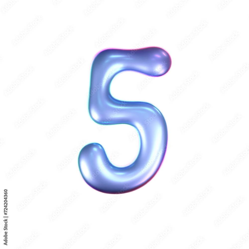 Wall mural 3d holographic liquid number 5 in y2k style isolated on a white background. render of 3d neon inflat
