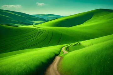 A serene landscape with rolling green hills in spring, a country road winding gracefully through the lush, vibrant grass, under a clear blue sky.