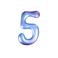 3d holographic liquid number 5 in y2k style isolated on a white background. Render of 3d neon inflated iridescent numbers with rainbow effect. 3d vector y2k hologram.