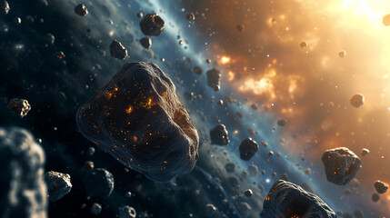 Illustration of a Close-up Asteroid, Detailed Rendering of a Celestial Body in the Foreground